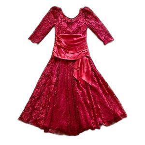 Vintage 80s JCPenny Red Lace Formal Midi Dress 3/4 Sleeve Prom